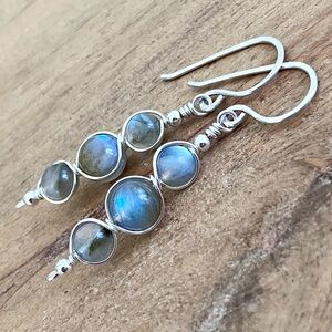 Artisan crafted, labradorite wire wrapped earrings in solid sterling silver